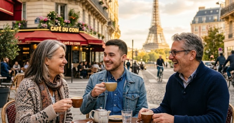 Un jeune homme trans souriant prenant le thé avec ses parents à la terrasse d'un café parisien, illustrant le soutien familial et le respect de l'identité de genre.