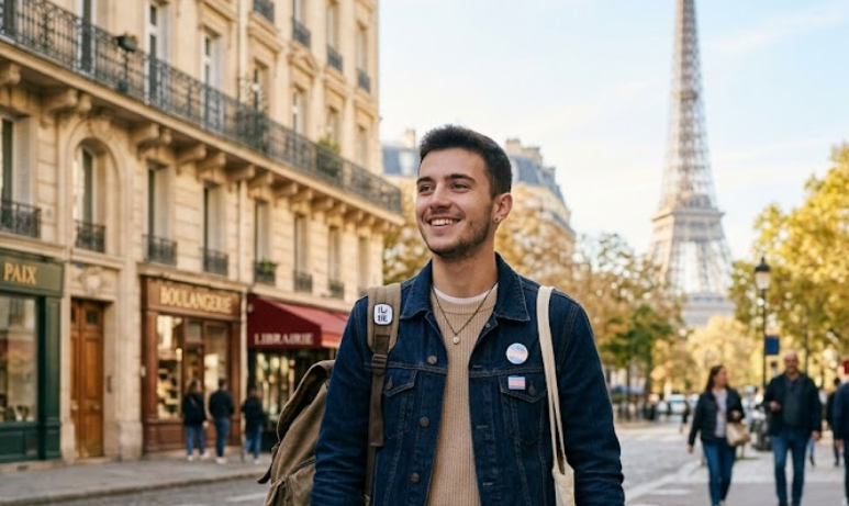 Un jeune homme marchant avec confiance dans une rue de Paris avec la Tour Eiffel en arrière-plan, illustrant l'identité personnelle et le respect du prénom choisi.